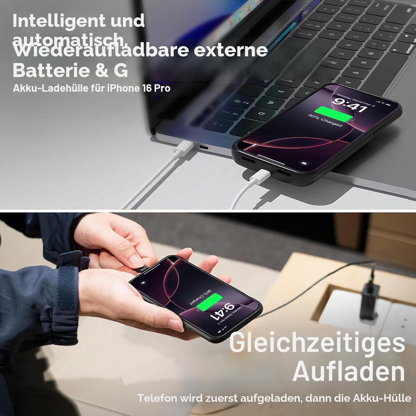 Akkuhülle für iPhone 16 Pro (6,3"), 7000mAh Powerbank Hülle ultradünn 15 W, Schnell Tragbares Ladegerät Battery Case, 360°-Schutz, Erweiterter Akku Ladehülle für iPhone 16 Pro, Schwarz