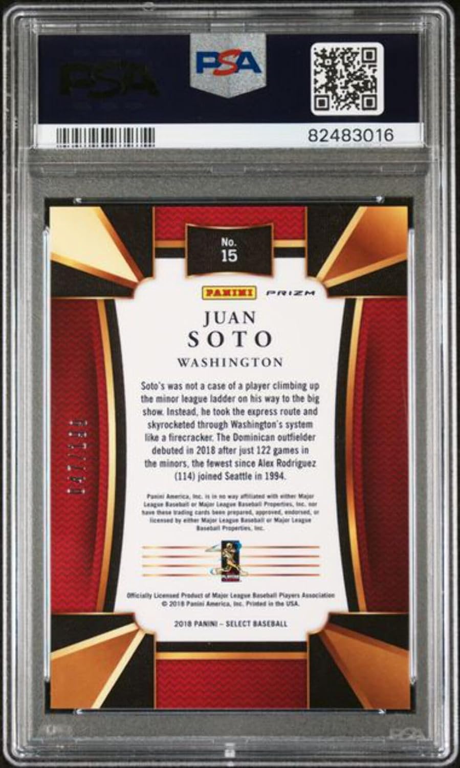 Graded 2018 Panini Chronicles Juan Soto #15/199 Select Orange Rookie RC Baseball Card PSA 9 Mint