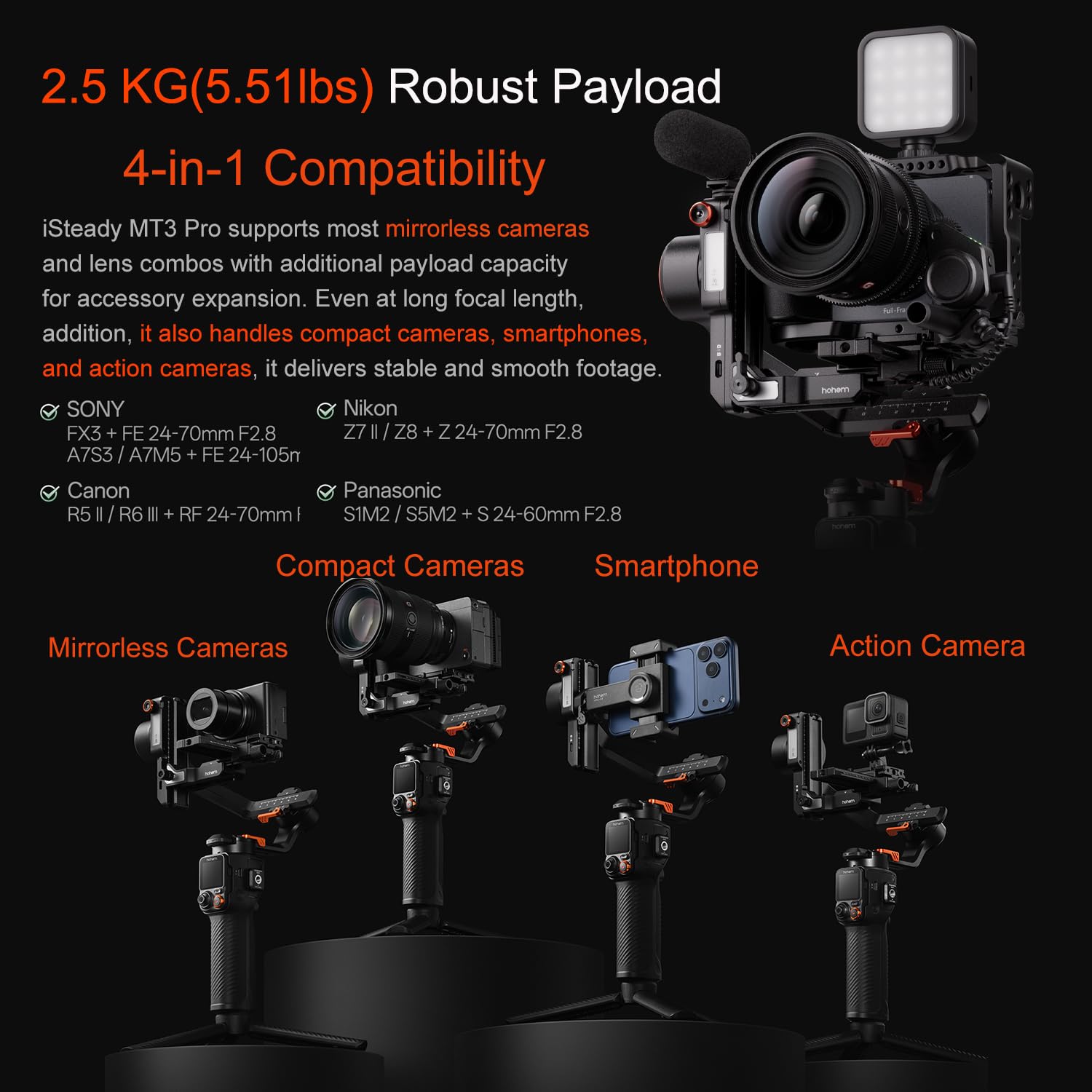hohem iSteady MT3 Pro Kit avec mini moteur spot et poignée tournante, stabilisateur pour appareils photo Canon, Sony, Panasonic, Nikon, Fujifilm, GoPro, charge utile de 2,5 kg, suivi AI, télécommande