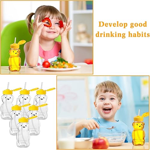 Miniatura 6 de Paquete de 32 vasos de paja de oso de miel de 6 onzas con 32 pajitas largas de plástico, recipientes de miel vacíos con pajita, botellas de miel