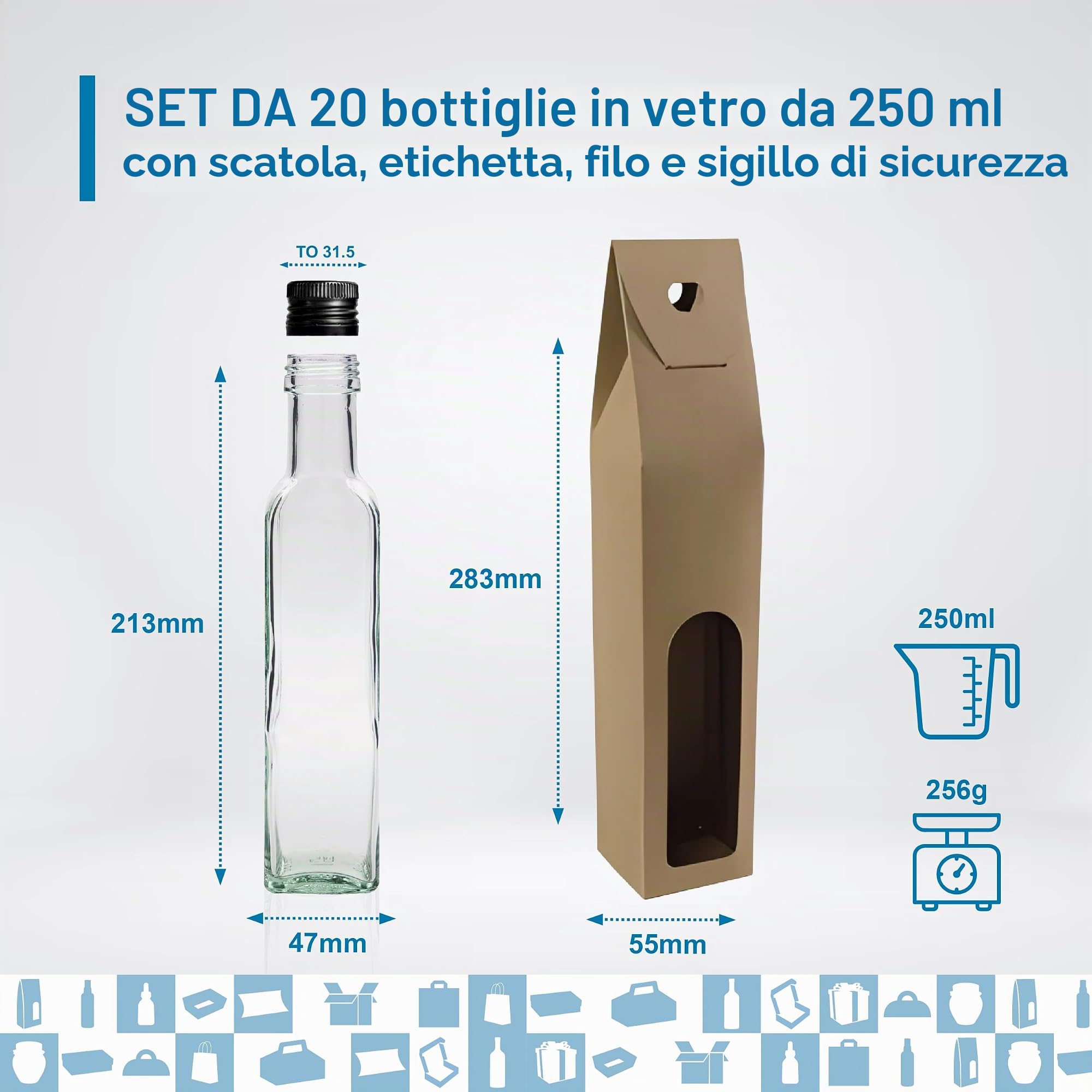 Set 20 Bottiglie di Vetro 250 ml con Tappo Nero e Beccuccio Versatore + 20 Scatole, 20 Sigilli e 20 Etichette – Oliera Regalo per Olio e Aceto | Espirito Rebelde