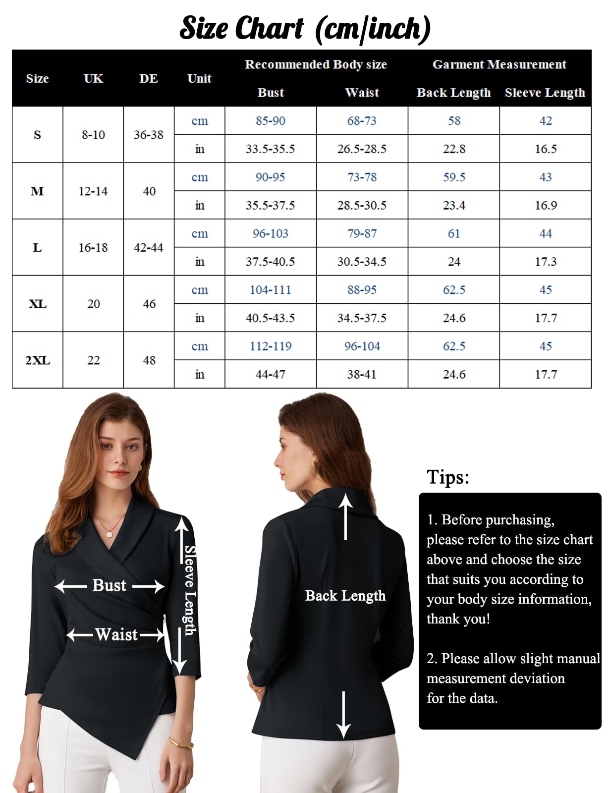 GRACE KARIN Top da donna con scollo a V, maniche a 3/4, camicia a tunica, elegante, plissettata, camicetta da ufficio casual