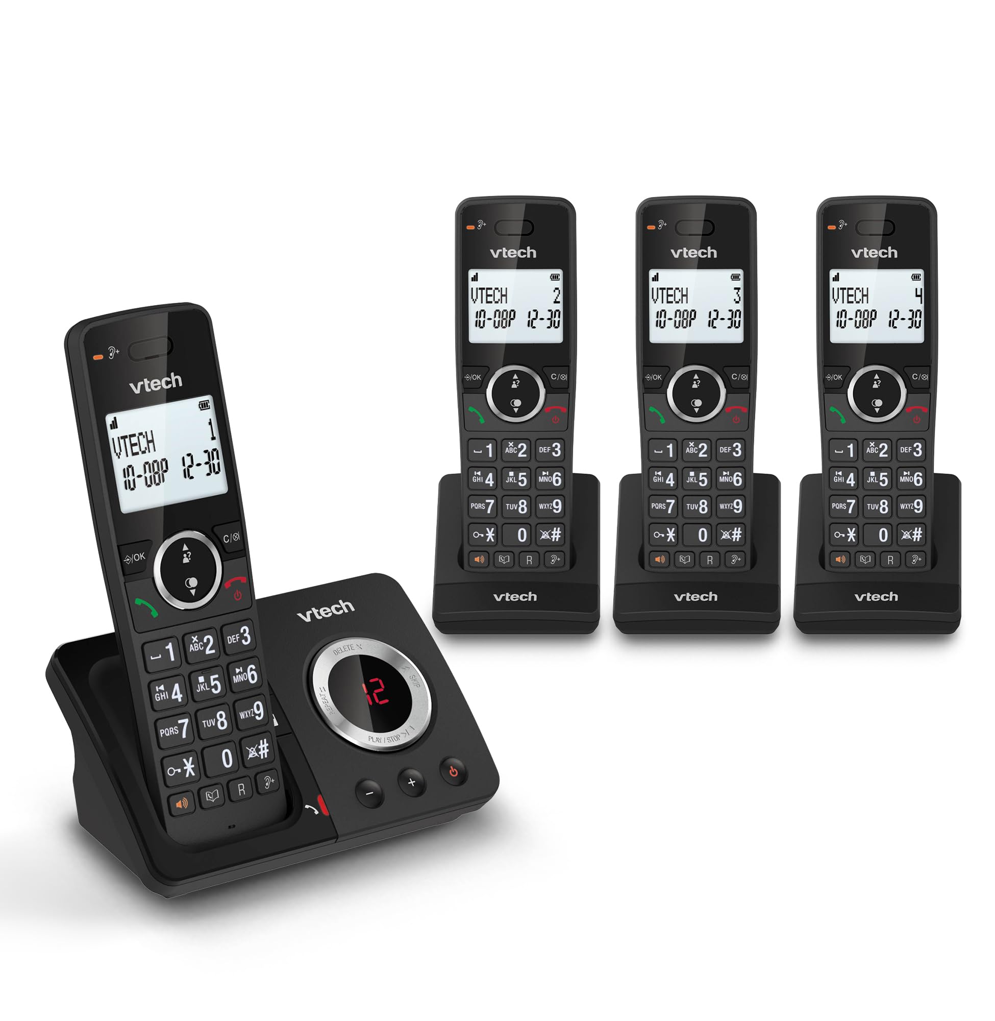 VTech ES2053 Cordless Phone with Answering Machine, Call Block, Easy-to-Read Backlit Display, 18 Hours Talk-time, Volume Booster, Handsfree Speakerphone, Speed Dial, DECT, 4 Handsets