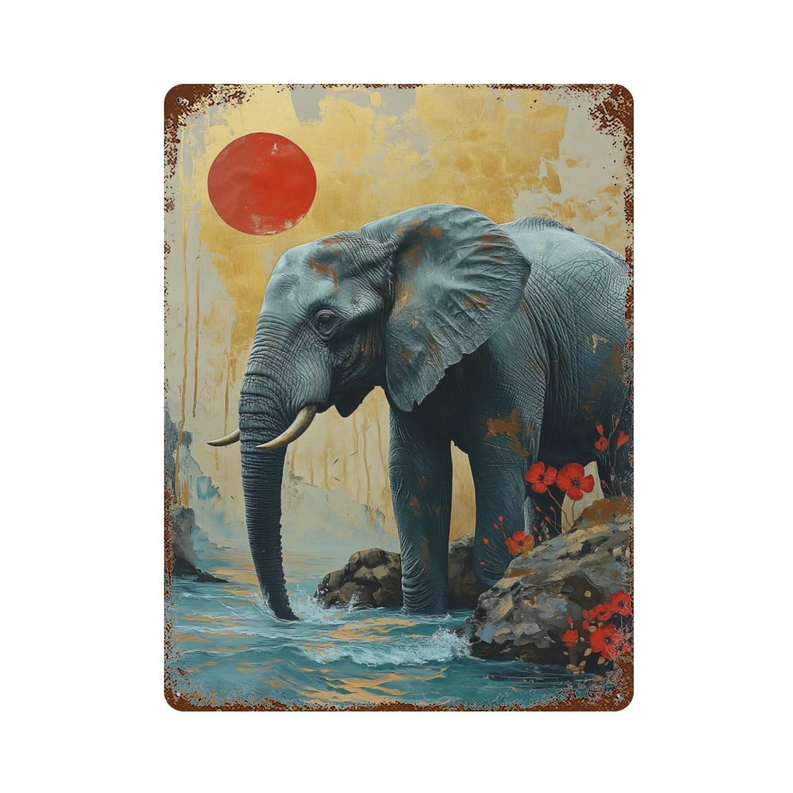 Vintage Rust Metal Sign Elephant with Sunset 15.7"x11.8", Novelty Wall Decor for Garage, Bar And Workshop Decor