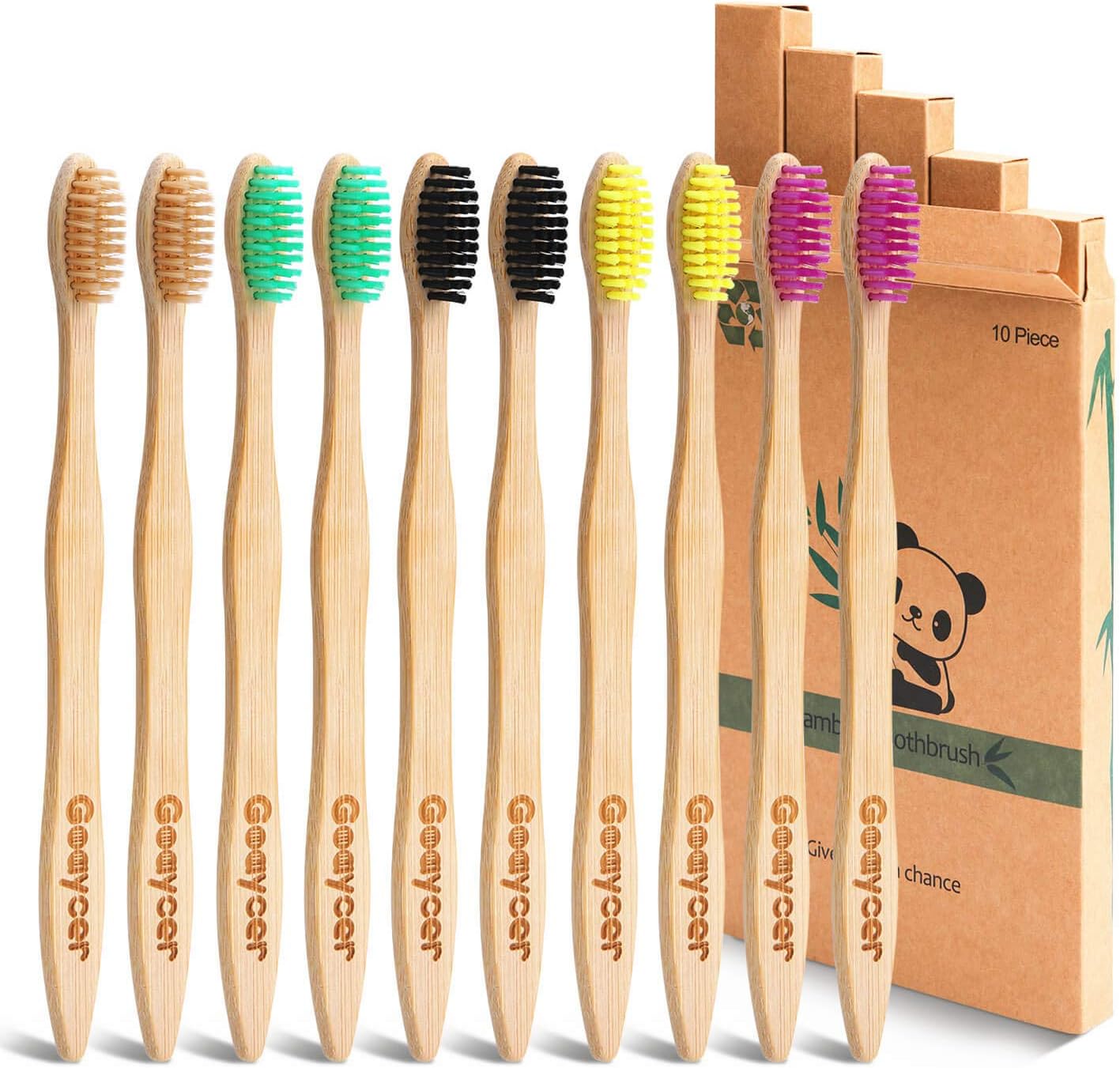 Bamboo Toothbrushes Medium Bristles - Family 10 Pack Eco Friendly Biodegradable Organic Premium Wooden Toothbrush
