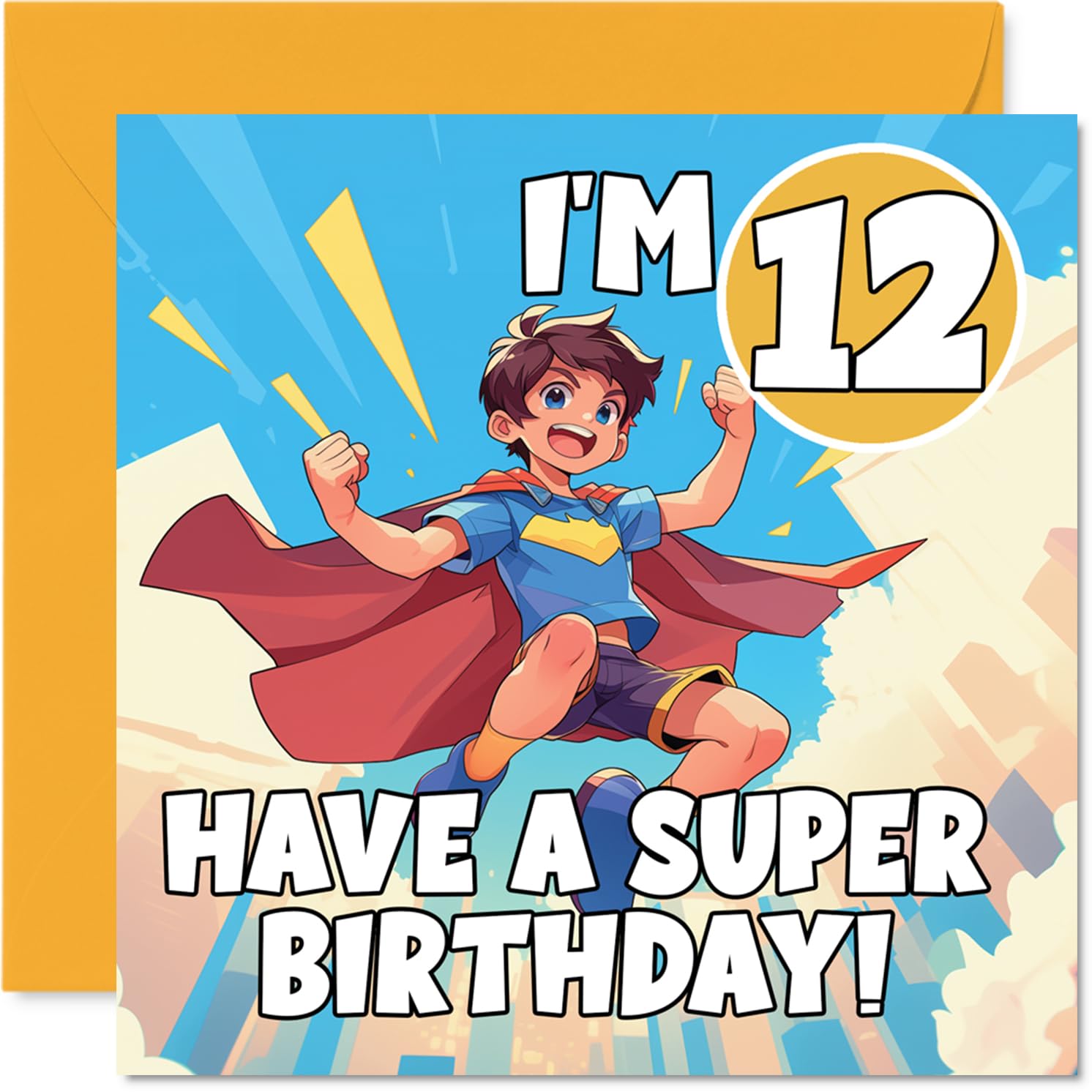 12th Birthday Cards for Boys - Anime Superhero - Happy Birthday Card for 12 Year Old Boy Grandson Great Nephew Cousin Nephew, 145mm Bday Greeting Cards