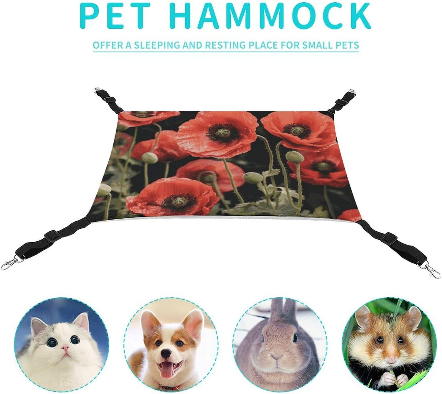 review Hanging Pet Hammock, Red Poppy Flowers Leaves Printed Soft Breathable Pet Hammock with Adjustable Straps and Metal Hooks for Cats Small Dogs Rabbits Sugar Gliders