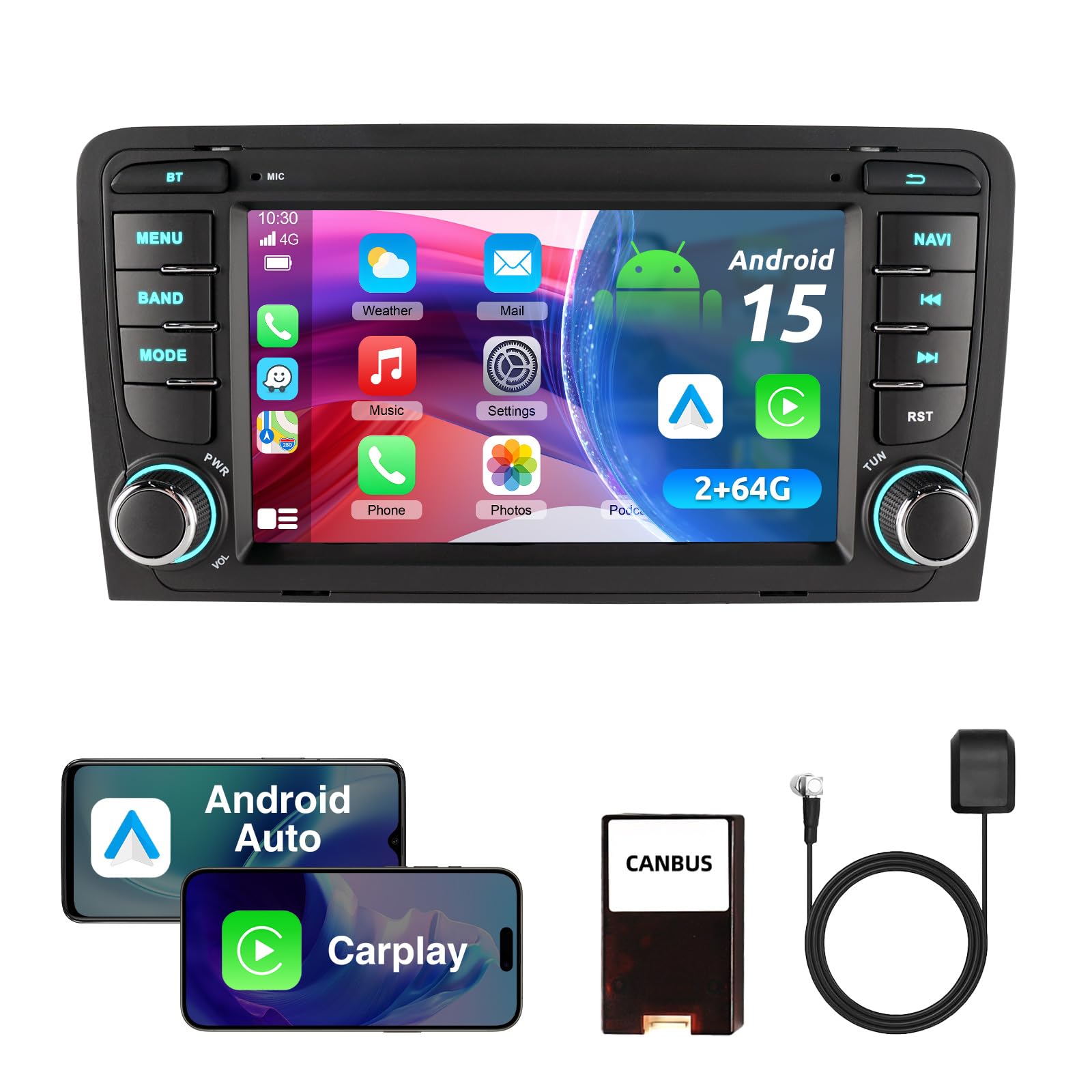 ESSGOO Autoradio für Audi A3 8P, S3 8P, RS3 8PA | 2+64GB Android 15, 7 Zoll Touchscreen, Wireless CarPlay & Android Auto, GPS/WLAN, Bluetooth 5.0, DSP