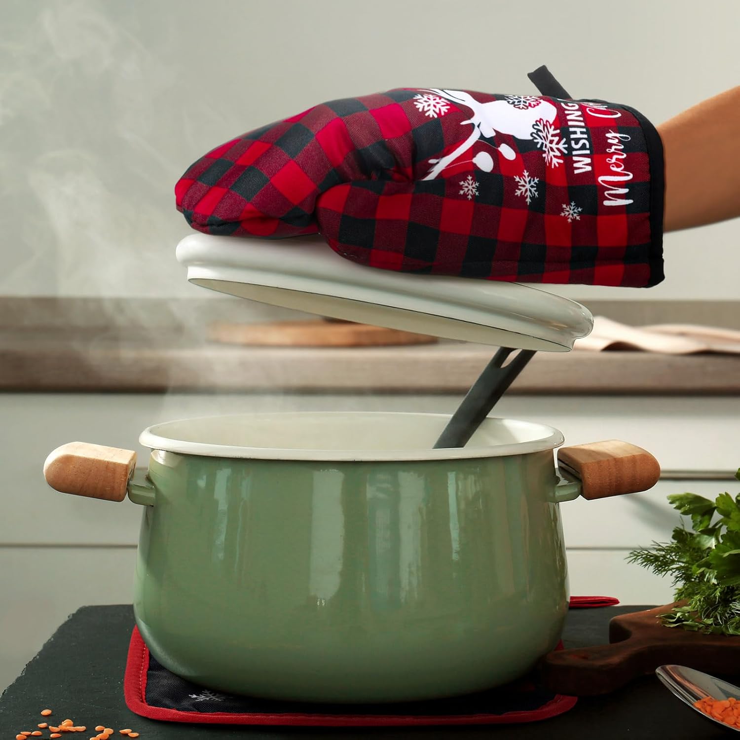 Bencailor 8 Pcs Christmas Buffalo Plaid Kitchen Towel Pot Holders and Oven Mitts Set Santa Claus Dish Towels Snowman Deer Heat Resistant Oven Gloves for Xmas Cooking Baking Grilling - Image 4