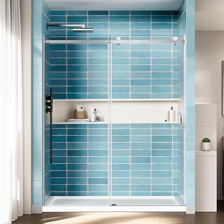 Kosmonia 56-60"W x 72"H Frameless Reversible Sliding Shower Door - 1/4" Tempered Glass, Shatter-Proof Film, 304 SS Hardware, Waterproof Seal