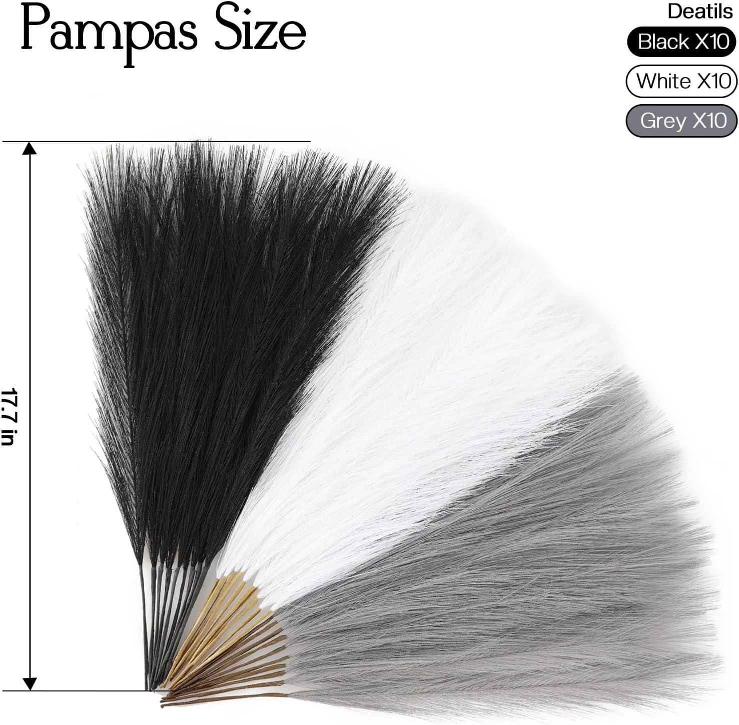 UREYMX Faux Pampas Grass Decor 17.7 Inch 30pcs, Artificial Pampas Grass Fluffy Home Decor, Short Vase Room Decor pompous Grass Flower Arrangement for Boho Home Wedding Decoration (Black,White,Grey) Black,white,grey 17 Inch 30 Pcs