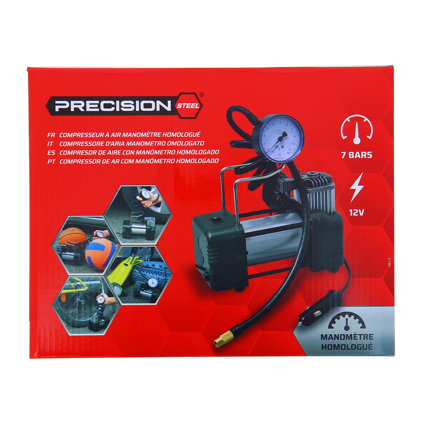 211407 Compresseur 12V Homologué 7 Bars – Gonfleur Pneus Voiture, Moto, Vélo – 29 L/Min