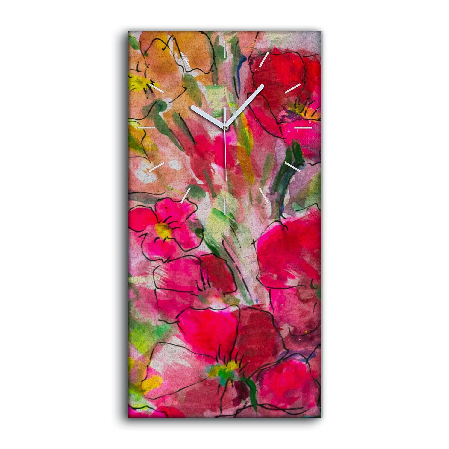 Horloge sur Toile 30x60cm Abstrait Aquarelle Fleurs pour la Décoration Murale du Salon
