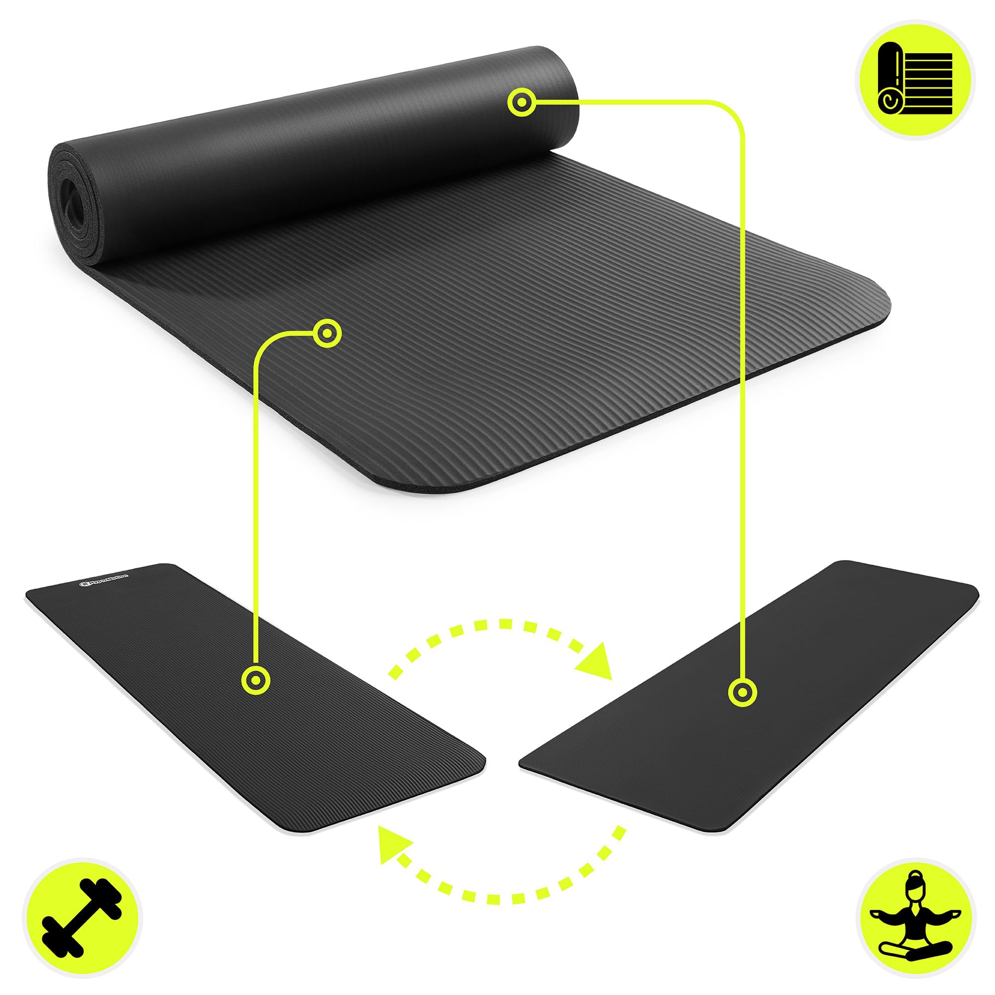 HyperMotion Mata do Ćwiczeń Fitness i Jogi NBR 183x61x0,8 cm Czarna, Antypoślizgowa, 8 mm, z Paskiem do Ćwiczeń i Przenoszenia, do Jogi, Pilatesu i Stretchingu