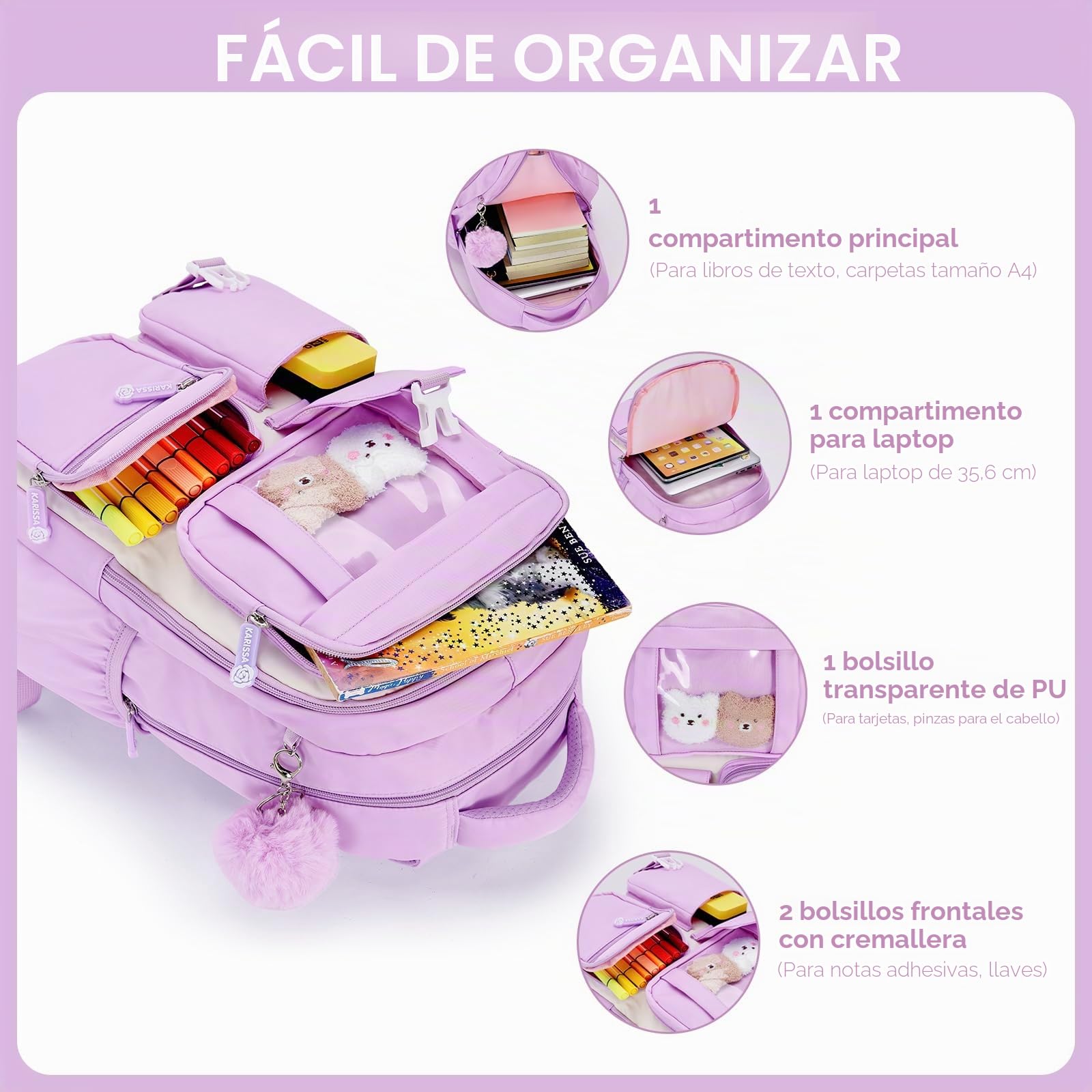 Amythe Mochila Escolar Niña, Mochilas Primaria Escolares Transpirable para Infantil Niñas de 8 10 12 Años, Kawaii Mochila Chicas Colegio con Colgante, Morado