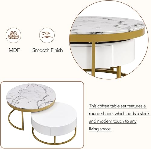 Miniatura 4 de Merax Mesa de centro redonda moderna anidable. juego de 2 con cajones marco de metal para sala de estar, apartamento, blanco+dorado