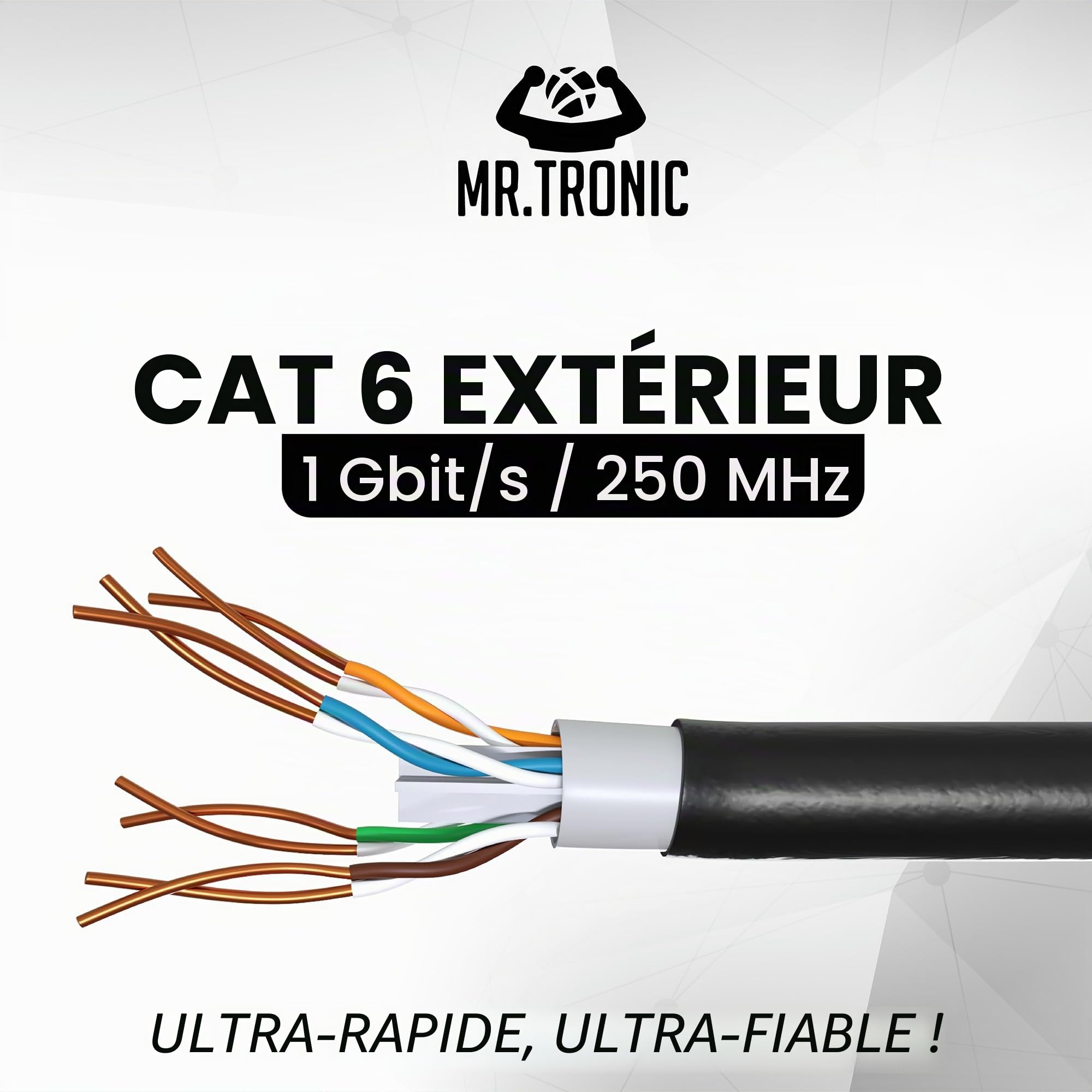 Mr. Tronic Exterieur Impermeable Câble Ethernet 100m, Bulk Reseau LAN Cat 6 Haut Debit Pour Internet Rapide 1 Gbps, Câble Ethernet AWG24, Cat6 en Vrac UTP CCA (100 Mètres, Noir)