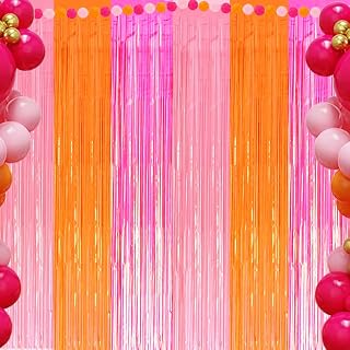 Pink and Orange Party Decorations Foil Fringe Curtains Backdrop, 3 Pack
