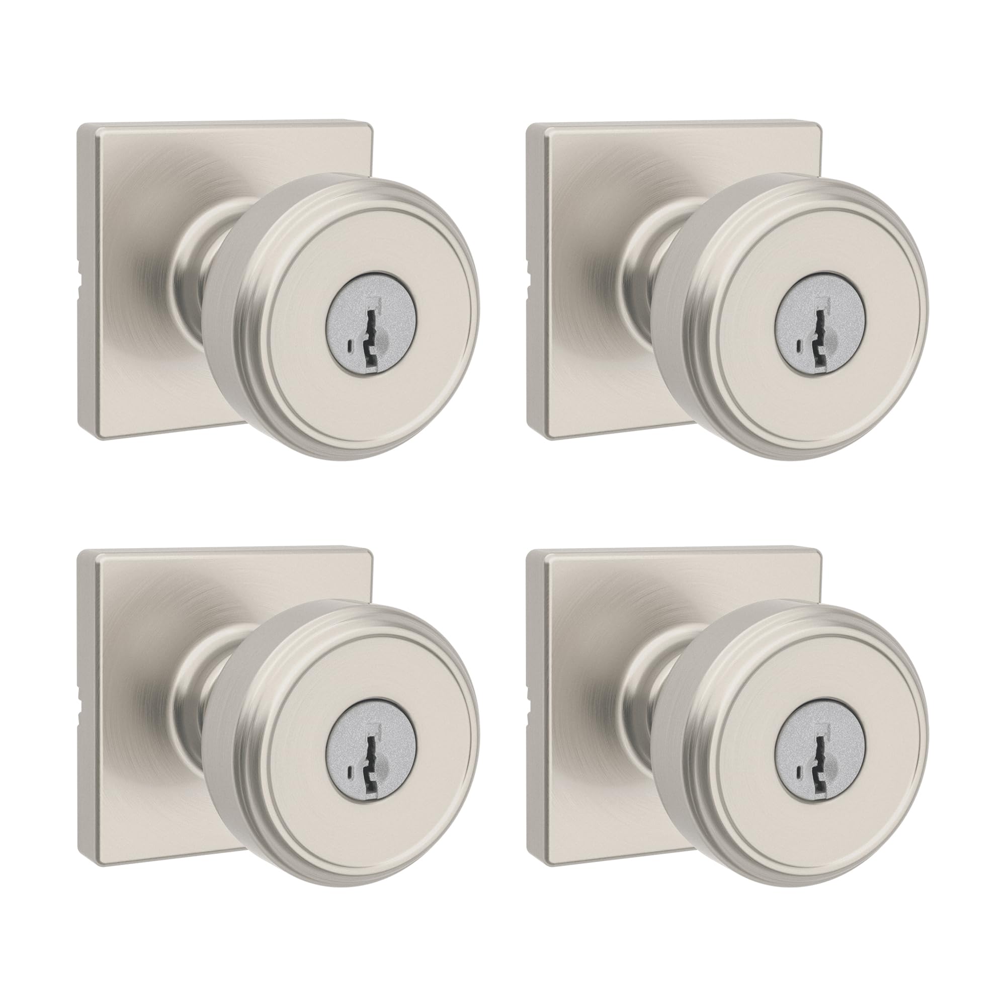 Kwikset Maven Entry Door Knob with Lock and Key, Secure Keyed Handle Exterior, Front Entrance and Bedroom, Satin Nickel, 4 Pack, Pick Resistant SmartKey Rekey Security and Microban