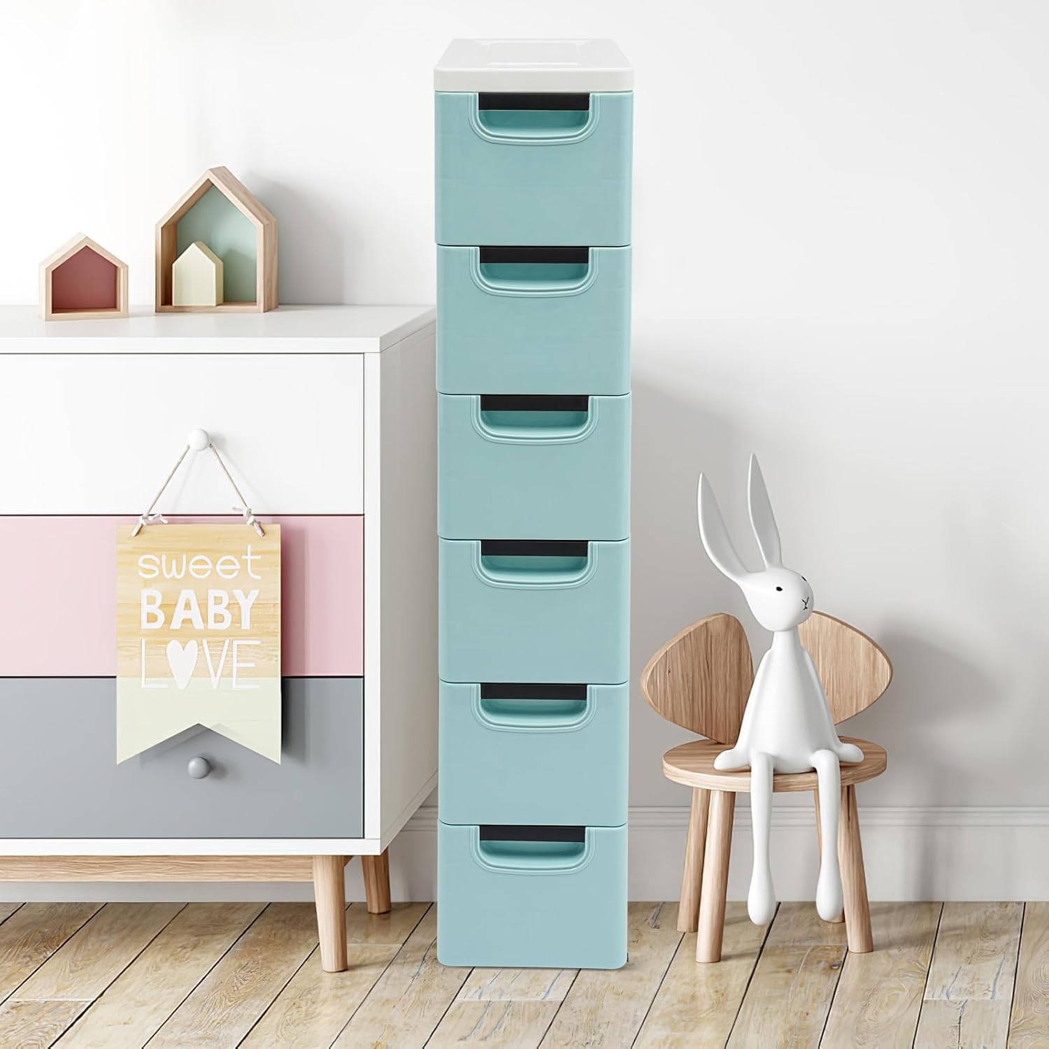 6 Drawers Storage Cabinets, Mobile Slim Utility Cart with 4 Universal Wheels 39.5"H Skinny Storage Tower Chest 77lbs Bearing Capacity for Living Room Bedroom Closet Small Spaces (Blue)