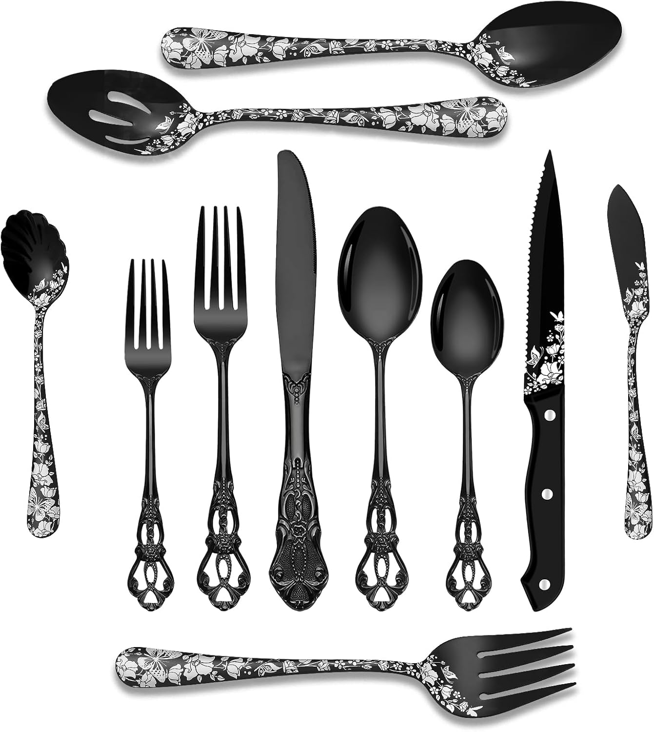 Stapava 53 Pcs Black Silverware Set with Serving Utensils, Gorgeous Retro Royal Silverware Set for 8, Stainless Steel Mirror Flatware Cutlery Set, Include Forks Spoons and Knives set, Dishwasher Safe