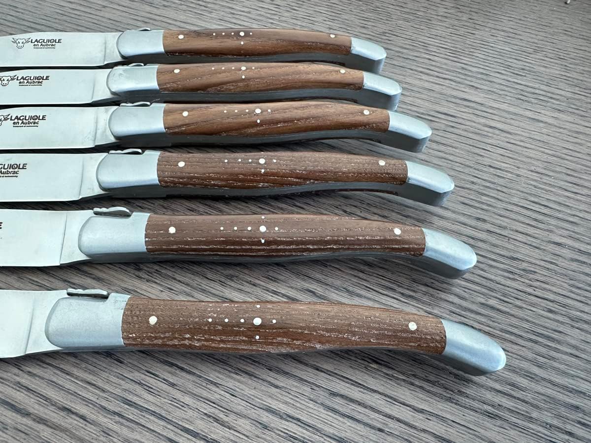 Laguiole en Aubrac Luxury Fully Forged Full Tang Stainless Steel Steak Knives 6-Piece Set with Ash Wood Handles, Stainless Steel Matte Bolsters