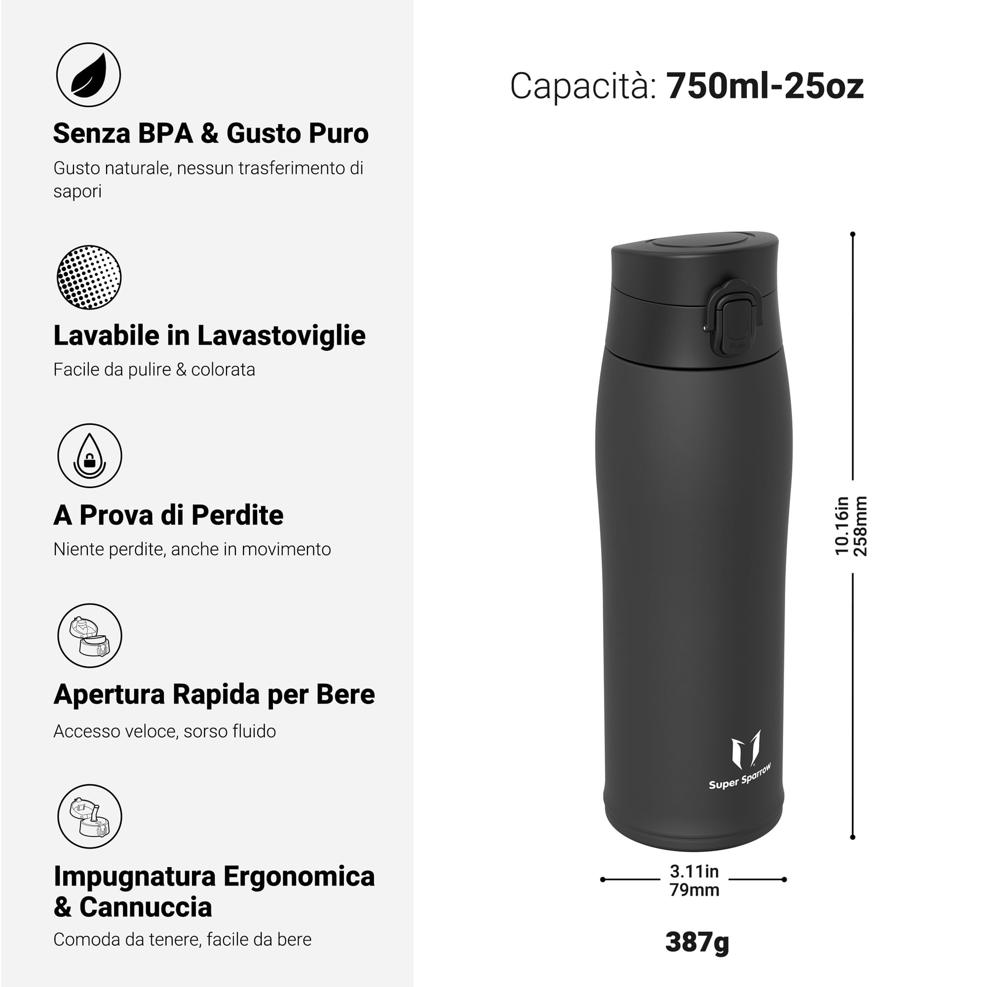 Super Sparrow Borraccia Termica, Acciaio Inox Bottiglia Termica - 350ml, 500ml, 750ml, 950ml - Senza BPA Termos, Borracce Termiche Bambini - Include 2 Coperchi con Cannuccia e Coperchio Sportivo
