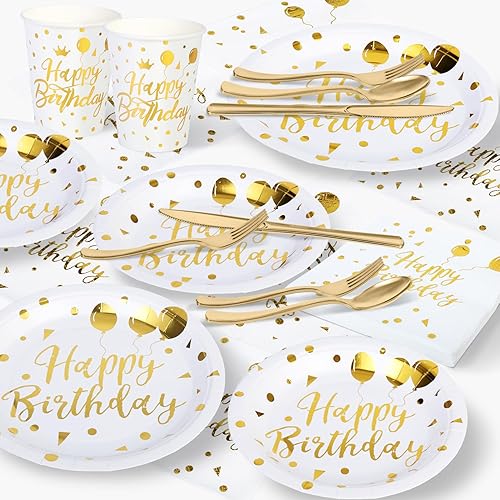 Miniatura 2 de Platos y servilletas de feliz cumpleaños, 200 piezas de decoración de fiesta de cumpleaños blanco y dorado, platos de peper, servilletas, globos,