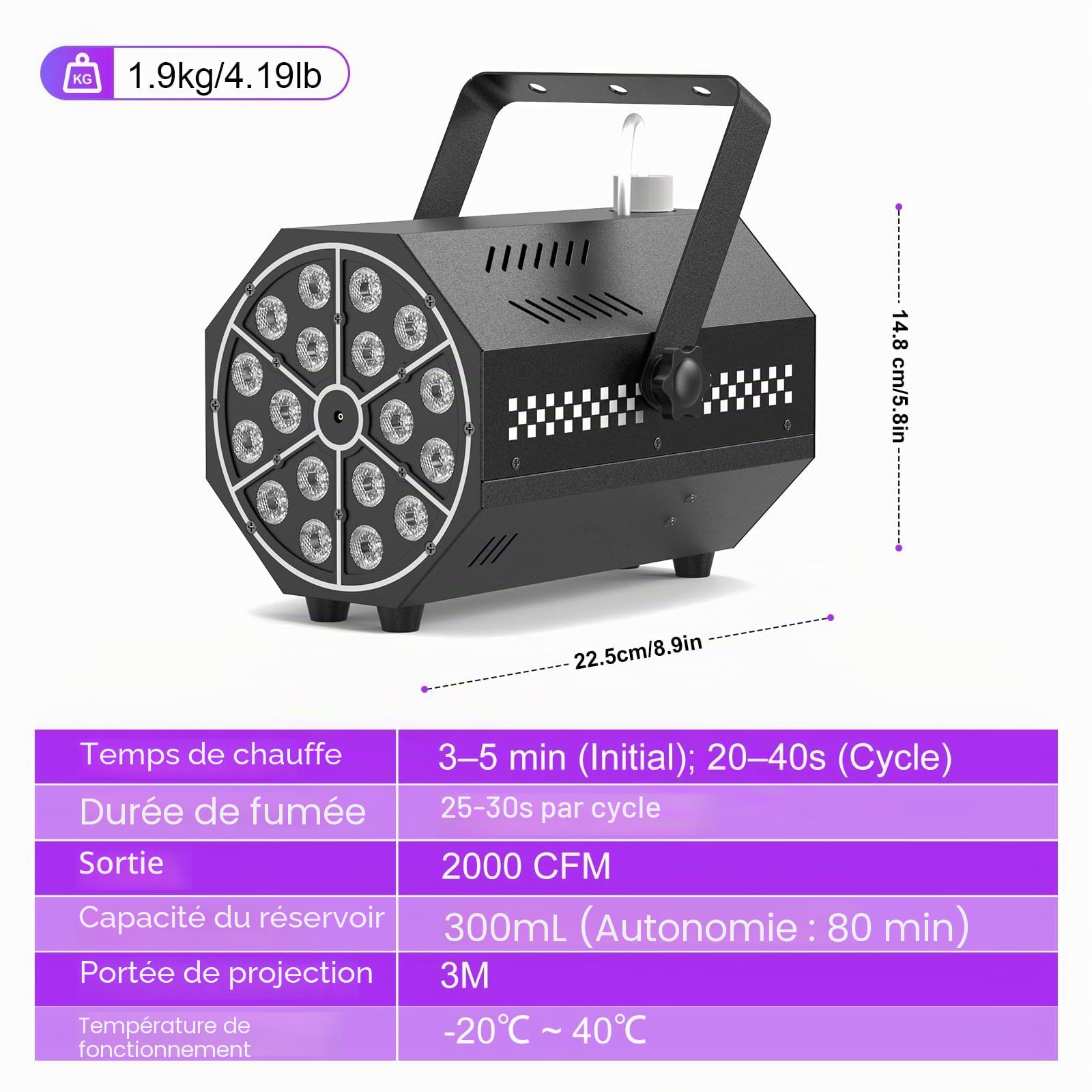 Machine à Fumée 800W avec Télécommande,Mini Machine à Brouillard Portable avec Réservoir 0.3L,18 LED RGB Lumineux Disco Faisceau Stroboscopique pour DJ Halloween Mariage Fêtes Noël Scène