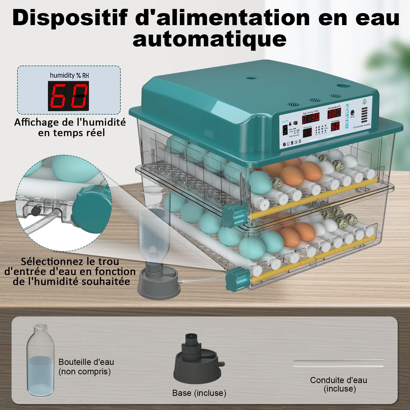 Incubateur Oeuf Automatique 120 Œufs, Couveuse Oeuf Automatique avec 4 Modes d’Incubation Automatique, Affichage Température & Humidité, Remplissage d’Eau Automatique, Couveuse pour Volaille & Poultry