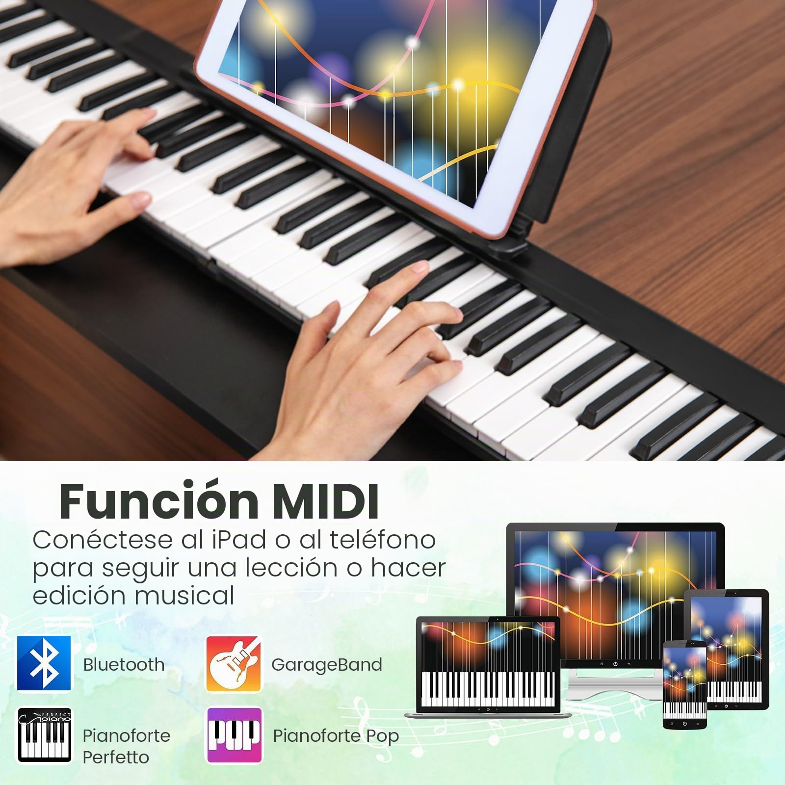 RELAX4LIFE Piano 88 Teclas, Piano Eléctrico Portátil y Plegable con Funda, Piano Electrónico con 15 Canciones, 128 Tonos y Ritmos, USB para Principiantes (Negro)