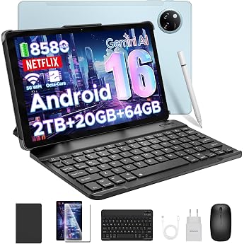 Tab A9+ Android 16 Tablet 11 Inch T7200 Octa Core 8580mAh 20GB RAM+64GB ROMTF 2TB 90Hz 13MP + 5MP Gaming Tablets with Keyboard Pen Mouse Case WiFi 5/WidevineL1/Face ID/OTG