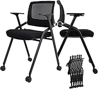 SLKJChairs 10-Pack Foldable Mesh Back Office Chairs with Wheels & Arms - Stackable 300 lbs Conference Reception Meeting Chairs Black