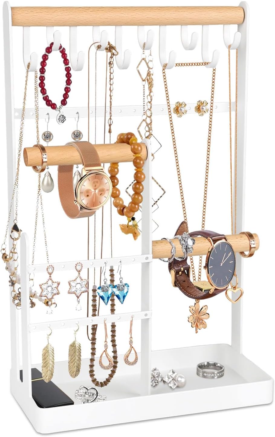 NEXILONEKA Jewellery Organiser Stand, Earring Holder Stand with Necklace Organizer & Earring Holes, Jewellery Stand Display with Metal Storage Tray, for Necklace Bracelet Rings Watches (White)