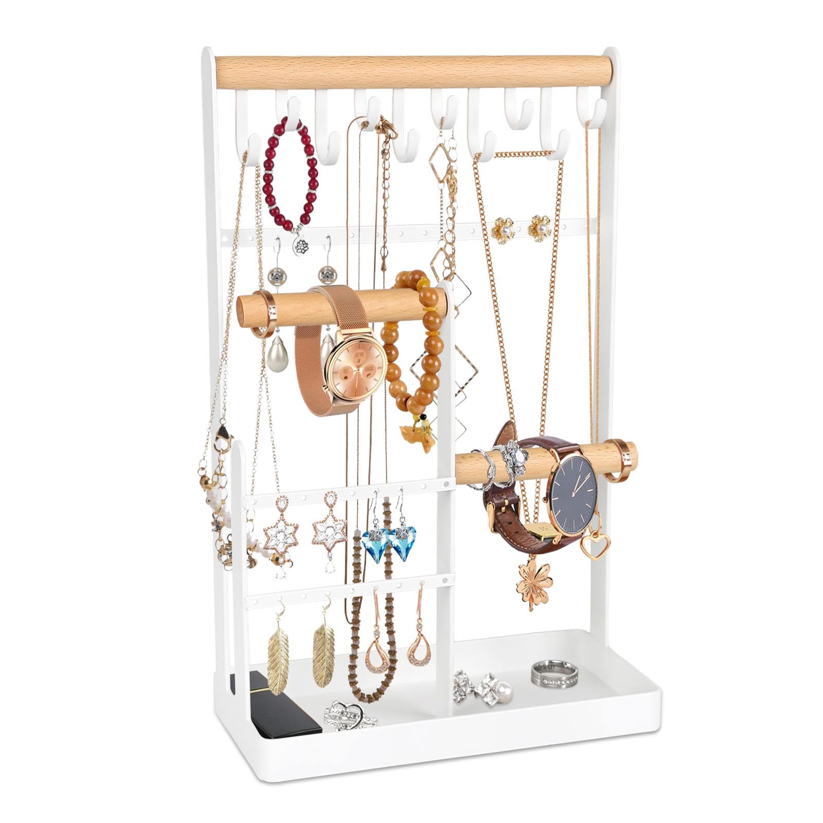 NEXILONEKA Jewellery Organiser Stand, Earring Holder Stand with Necklace Organizer & Earring Holes, Jewellery Stand Display with Metal Storage Tray, for Necklace Bracelet Rings Watches (White)