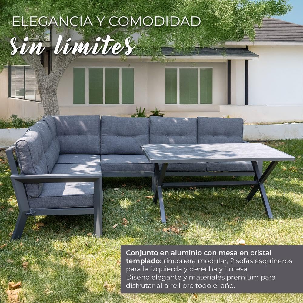 YOEVU - Conjunto de Jardín 7 Plazas | Aluminio Resistente al Óxido | Sofá Esquinero Modular | Cojines Desenfundables | Mesa Amplia y Funcional, Extra Grande (Gris)