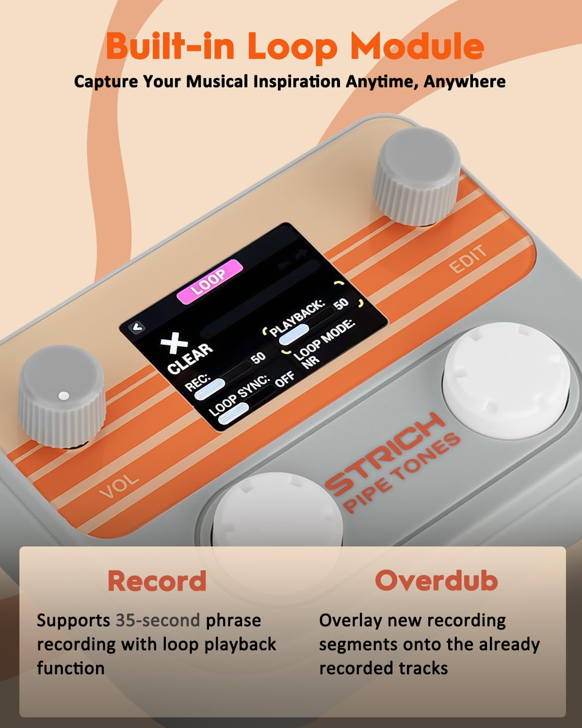 STRICH Pipe Tones Pocket Multi-Effekt Prozessor für Gitarre und Bass, 10 Effektmodule, 125 Effekte, 40s Looper, 100 Drum Patterns, USB Audio Interface, Wireless Control (Grau)