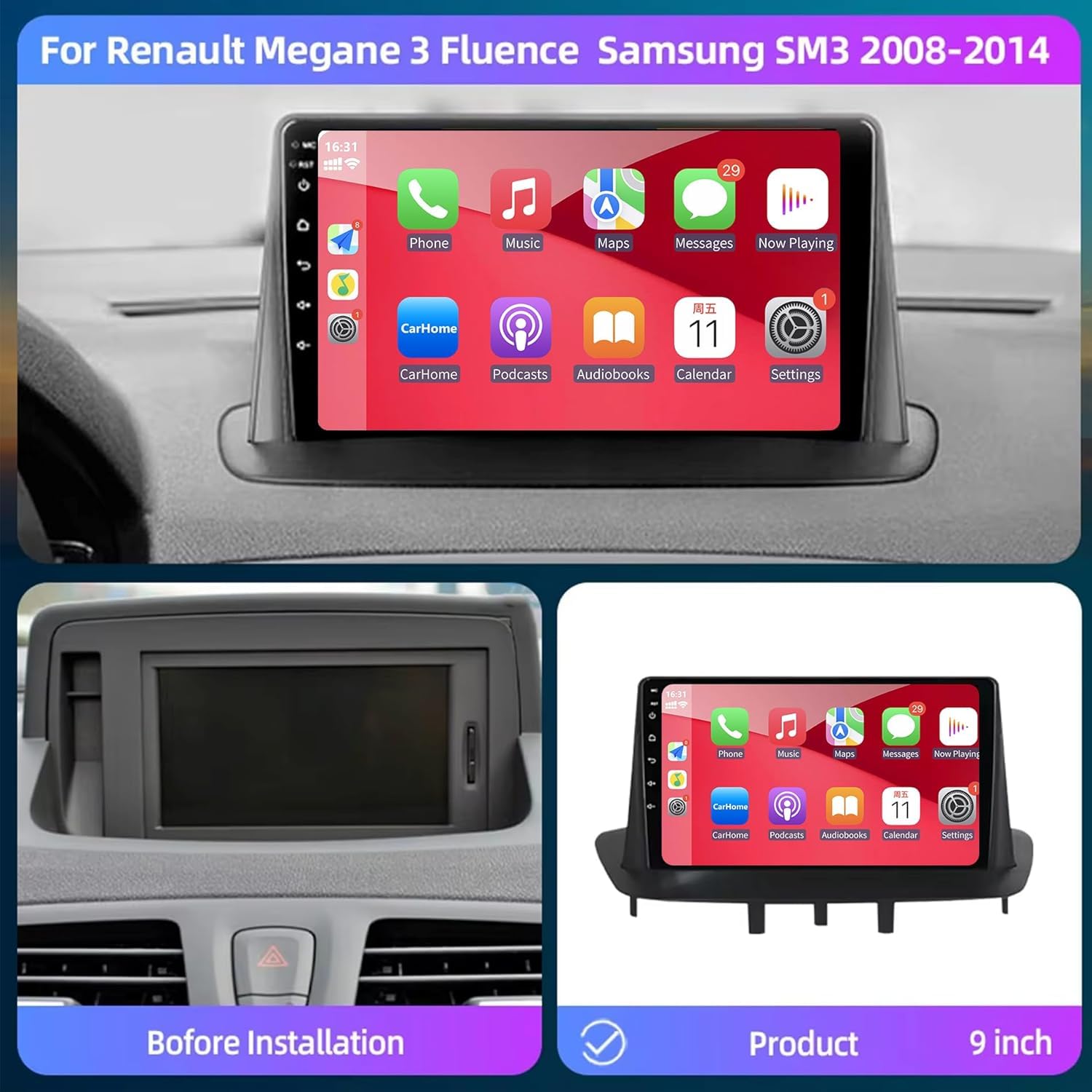Autoradio Renault Megane 3 2008-2014 con Android Auto y CarPlay Inalámbrico 9" Pantall Radio Coche Bluetooth Estéreo iOS Android con FM GPS Navegación USB Cámara Trasera Mic Reproductor Multimedia — view 2