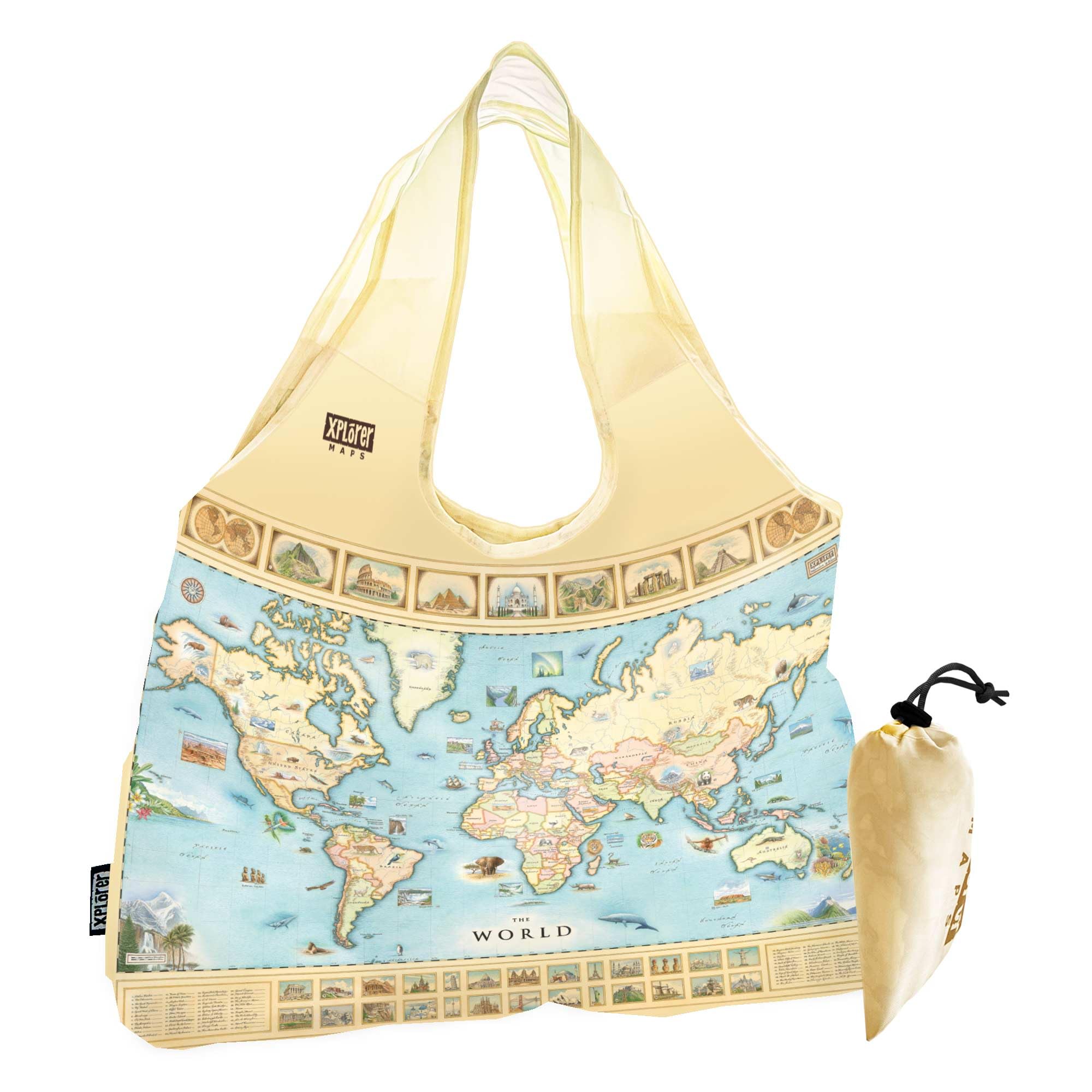 Xplorer Maps Pouch Tote with Handles – Reusable Grocery Shopping Bag, Foldable & Washable Nylon, Heavy-Duty & Compact,