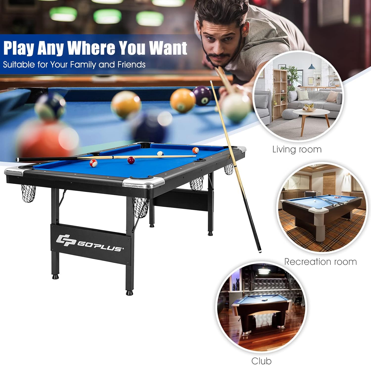 Goplus 6 FT Folding Pool Table, 76 Inch Portable Billiard Tables for Adults W/Foldable & Locking Legs, Adjustable Feet, Full Accessory Kit of 2 Cues, 16 Billiard Balls, Triangle, Brush, Chalk