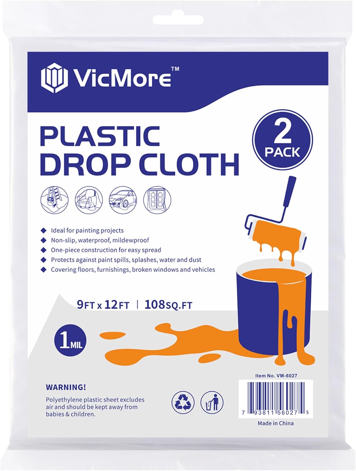 VicMore 2-Pack Plastic Drop Cloth 9x12 Feet - Waterproof and Clear Tarp for Painting, Furniture Protection, and Floor Covering - Durable Multipurpose Sheeting 9FT x 12FT, 2 PACK