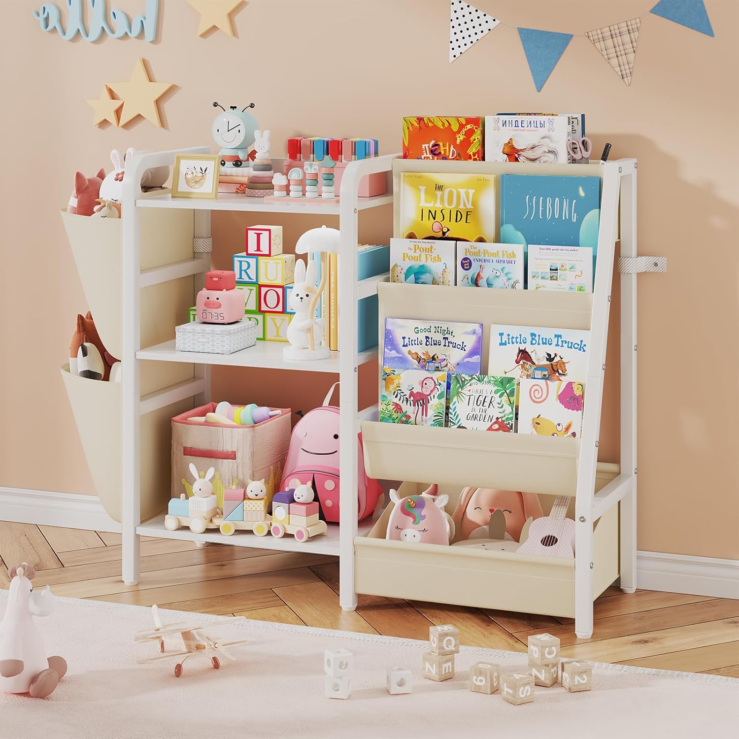 B3 Kids Bookshelf and Toy Storage, Book Shelf for Kids Rooms, Toddler Bookshelf for Small Spaces, 3-Tier Sling Montessori Baby Bookcase for Nursery, Bedroom, Playroom, White