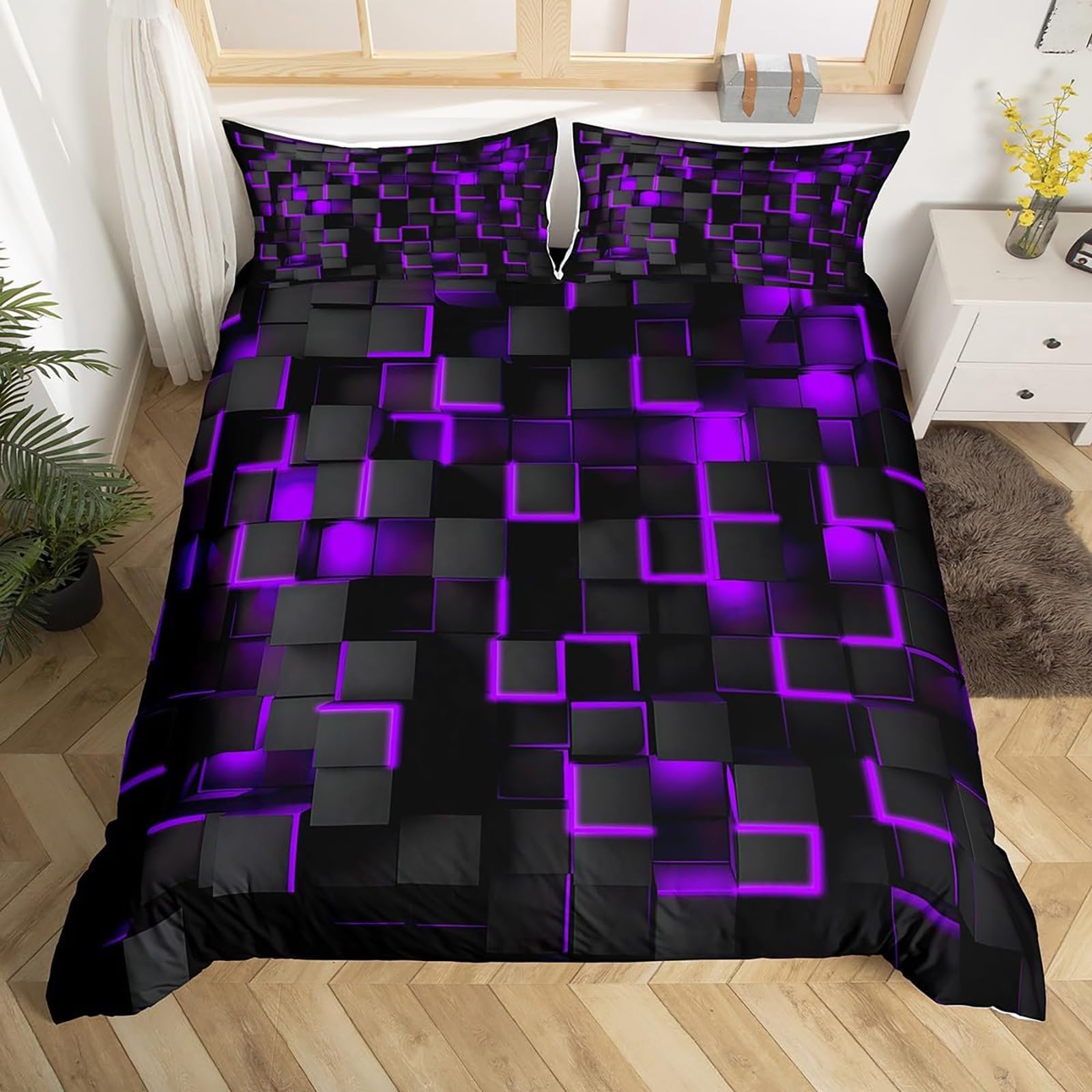 Tabeskly Boys Multicolor5 Kids Geometry Square Lattice Bedding Single Duvet Cover Sets Bed Zipper Purple Black 135×200Cm