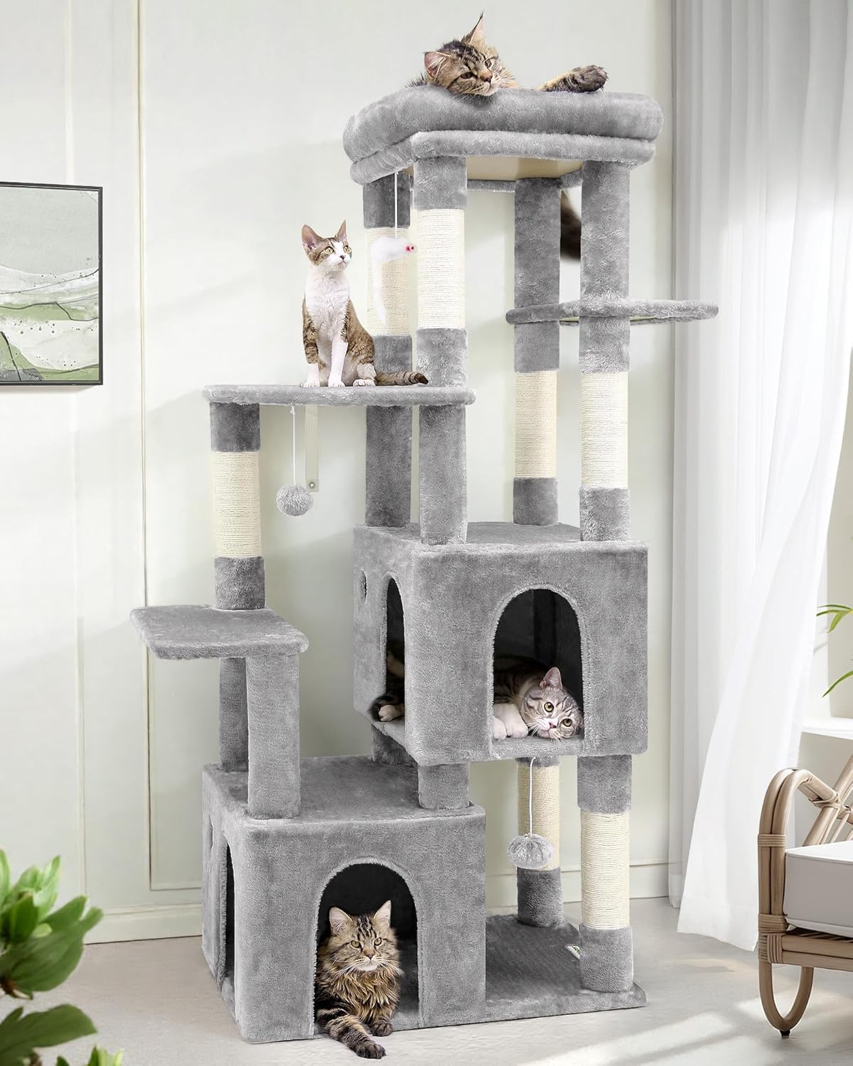 Globlazer kattenboom beige grote, Krabpaal xxl hoog 204 cm met 3 Zitstang 2 kattenhuis 2 Mand Hangmat Pluche katten speelgoed, kattentoren luxe voor 3-5 grote katten Rust Spelen (F80, Beige