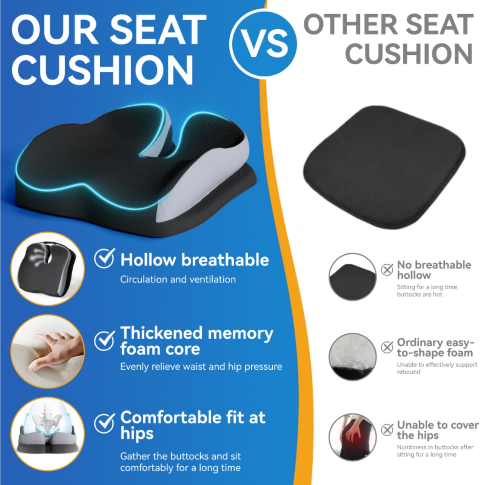 Seat Cushions for Office Chairs Wheelchair Cushion for Long Sitting Back Pain Memory Foam Seat Car Computer Desk — view 6