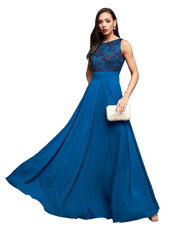 Miss Chase Women’s Brick Red & Dusty Green Boat Neck Sleeveless Self Design Lace Overlaid Regular Dress –  Royal Blue