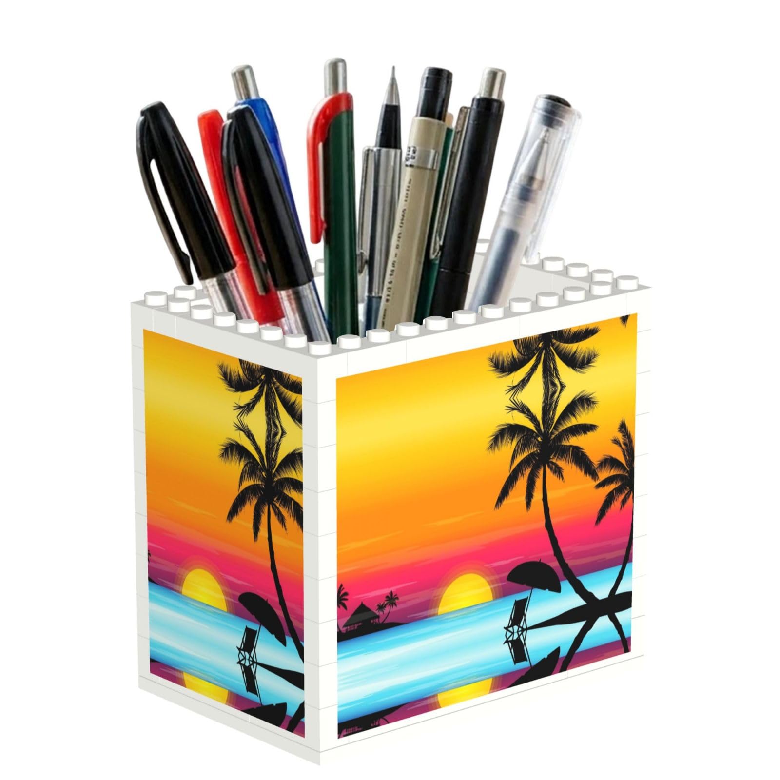 SATUSA Sunset Palm Tree Print Building Block Texture Pen Holder - Pencil Holder For Desk Pen Organizer,Aesthetic Desk Accessories For Women(1pcs)