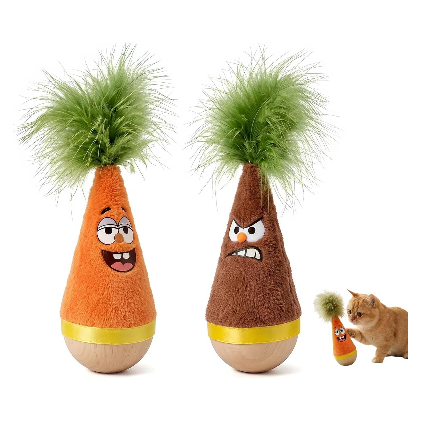 Wooden Wobble Cat Toy, Natural Beechwood Self-righting Tumbler, Interactive Silent Cat Toys, Carrot Kicker, Tumbler Wobble Toy for Indoor Cats, Battery-free Plush, Aesthetic Home Decor (A&B)