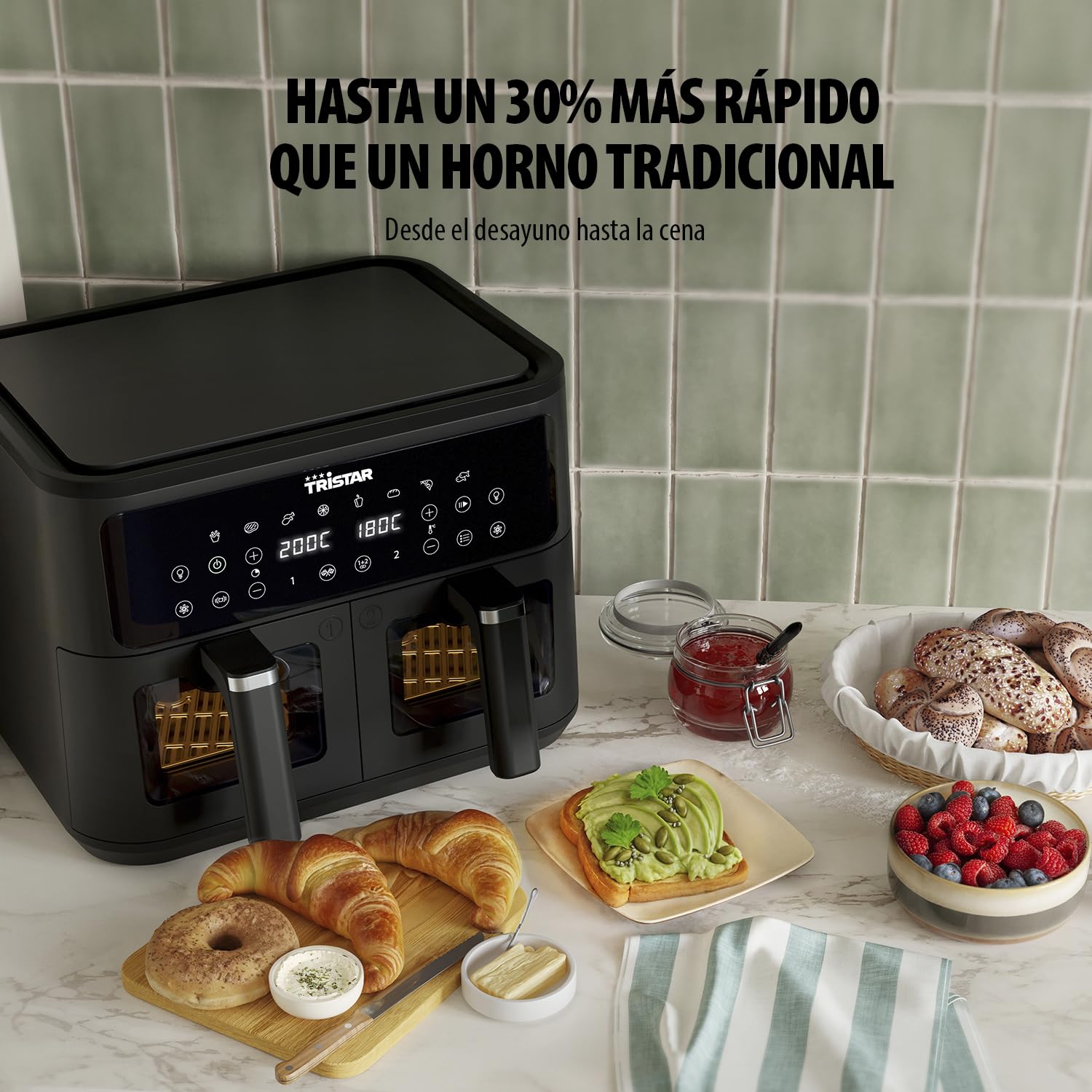 Tristar Freidora de Aire Doble Cesta, 9 L, 10 Programas, Pantalla Digital, Ventanas de Visualización, Sin PFAS, Cocina Saludable Sin Aceite, 2500 W, FR-9429
