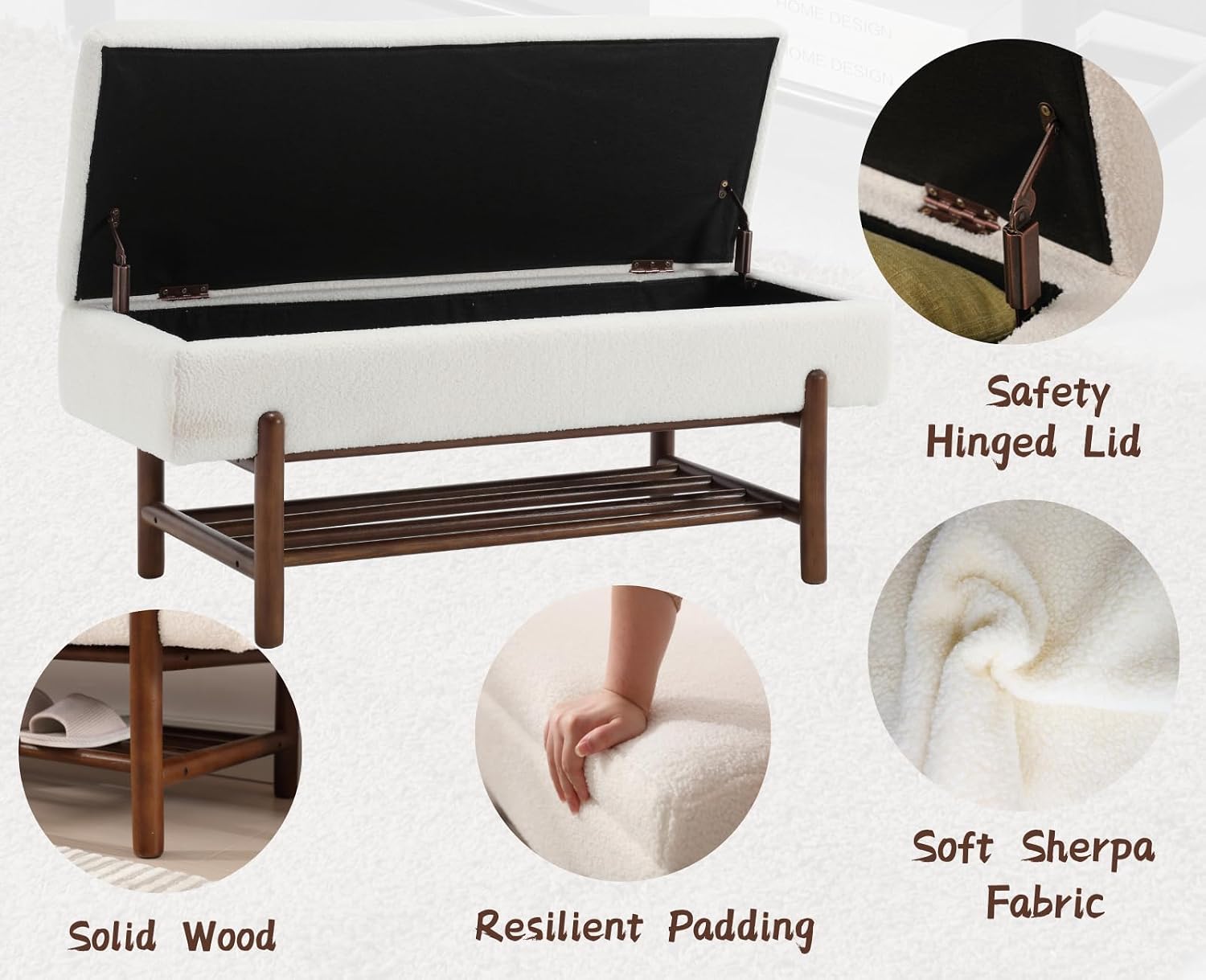 CIMOTA Entryway Storage Bench for Bedroom Sherpa End of Bed Ottoman Bench with Wood Shoe Storage for Living Room/Hallway/Under Window/Corner, 45 Inches, Fur Beige